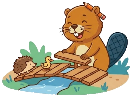 Un castor construit un pont de planches au-dessus d’une rivière.